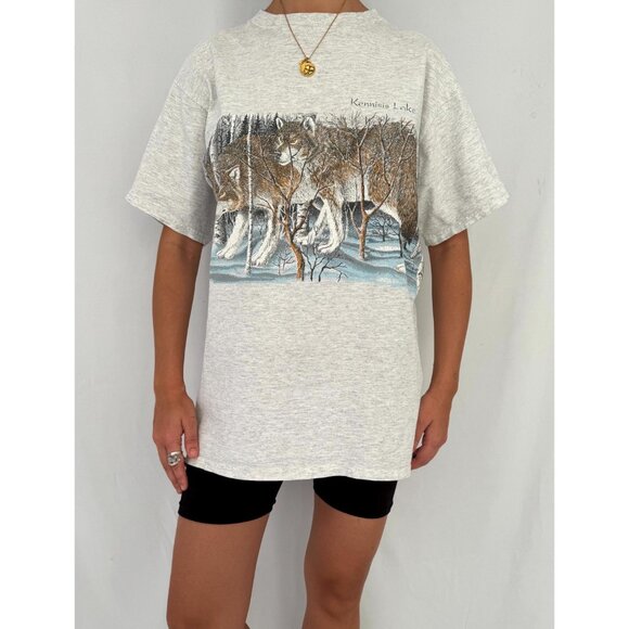 90s vintage grey wolf pack animal nature canada graphic short sleeved tee shirt - Picture 1 of 9